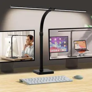 AKRRYR LED Desk Lamp for Home Office, Double Head 24W with Base, Architect Light 5 Lighting Brightness Flexible Gooseneck Table Reading Study, Black AKRRYR LED Desk Lamp for Home Office, Double Head 24W with Base, Architect Light 5 Lighting Brightness Flexible Gooseneck Table Reading Study, Black