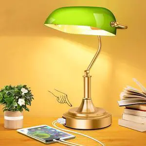 Bankers Lamp with 2 USB Ports, Touch Control Green Glass Desk Lamp with Brass Base, 3-Way Dimmable Vintage Desk Lamp for Home Office Workplace Nightstand Bedroom Library Piano, LED Bulb Included Bankers Lamp with 2 USB Ports, Touch Control Green Glass Desk Lamp with Brass Base, 3-Way Dimmable Vintage Desk Lamp for Home Office Workplace Nightstand Bedroom Library Piano, LED Bulb Included