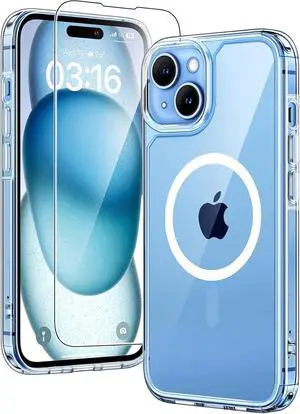 for iPhone 15 Case [3 in 1] 1X Clear Case [Compatible with MagSafe] with 2X Screen Protector [15 FT Military Grade Drop Protection] Shockproof Slim Phone Case for iPhone 15