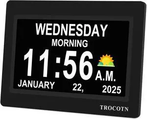TROCOTN Dementia Clocks, Large Display Calendar Alarm Clock with Auto DST for Seniors, 5 Display Modes Large Font Digital Clock with Custom Alarms Day Date Clocks. (7 Inch Black)