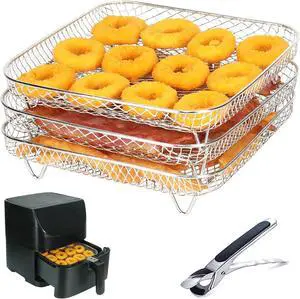 3-Pack Stackable Air Fryer Racks 8 Inch Square - Stainless Steel Multi-Layer Dehydrator Rack Set