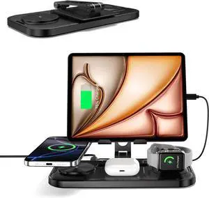 4 in 1 Wireless Charging Station with Stand for iPhone 16/15/14, Apple Watch 10/9/8, AirPods Pro 2 | Foldable Travel Charger | Nightstand Design (Black) 4 in 1 Wireless Charging Station with Stand for iPhone 16/15/14, Apple Watch 10/9/8, AirPods Pro 2 | Foldable Travel Charger | Nightstand Design (Black)