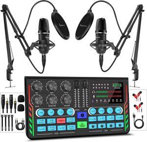 Podcast Equipment Bundle for 2, DJ Mixer with 3.5mm Diaphragm Condenser Microphone for Live Streaming, Podcast Recording,Gaming, Youtube, TikTok, PC, Smartphone