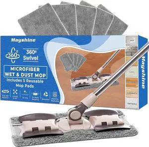 MAYSHINE Microfiber Hardwood Floor Wet and Dry Dust Mop w/ 5 Reusable Pads, 360 Spin Mop System | Use on Wood, Tile, Laminate, Vinyl and More | Flat Mop with 60" Extendable Stainless Steel Handle