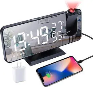 Projection Alarm Clock for Bedrooms Ceiling, Digital Clock Radio with USB Charger Port, Temperature & Humidity Display, 7.3 Large LED Display,12/24H,Snooze,Dual Loud Clock- 4 Dimmer