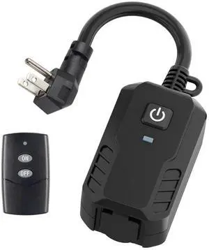 BN-LINK Outdoor Remote Control Outlet Plug Black,Indoor Wireless Outlet Switch Weatherproof Heavy Duty 15A 3-Prong 6-inch Cord 100Ft Range (Battery Included)