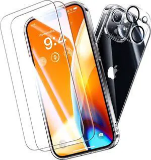Not Yellowing for iPhone 15 Case Clear, 360° Protection with 2X Screen Protector + 2X Camera Lens Protector, Military Grade Shockproof Phone Case Slim Cover for iPhone 15, Clear