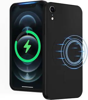 UEEBAI Liquid Silicone Wireless Charging Phone Case for iPhone XR, Built-in Magnets Compatible with MagSafing Faster Charging Slim Fit Soft Microfiber Cover - Black