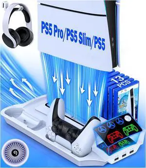 PS5 Pro/Slim/PS5 Stand and Cooling Station with Controller Charging Station for Playsation 5 Disc Digital Console, PS5 Accessories Incl. 3 Levels Cooling Fan, 13 Game Slots, 3 USB HUB, Headset Holder