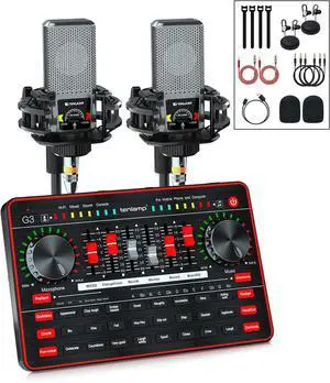Audio Mixer with Sound Card,  Two 3.5mm Studio Condenser Microphone and G3 Audio interface, Sound Board Voice Changer, Podcast Equipment Bundle for PC Recording Gaming Live Streaming Podcast