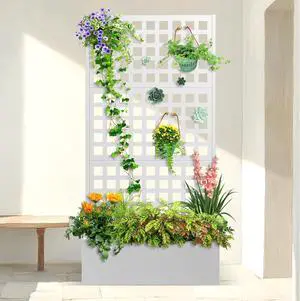 Metal Planter Box with Trellis & Wheels, Raised Garden Bed with Privacy Screen, Outdoor Standing Flower Beds with Drainage Hole for Climbing Plants, Vine, 35" Lx16 Wx71 H