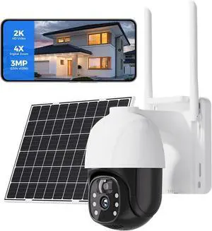 Solar Security Cameras Wireless Outdoor - PTZ 360° Solar WiFi Camera with PIR Sensor Motion Dective with Two-Way Intercom for Home, 2K Night Vision, Light and Sound Alarm