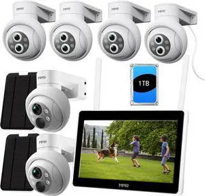Gadpiparty MMQ Home Wireless Security Camera System with LCD,4PCS Dual Lens Outdoor Security Camera 10X Zoom +2 /4MP Solar Cameras with 1TB HDD,10CH, Auto Tracking, Color Night Vision, 2-Way Audio
