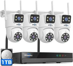 [WiFi Pro,Need Plug In] Wireless Security Cameras Outdoor, 5G & 2.4G WiFi Dual Lens 4 Cam-Kit, Security Camera System, 360° Pan & Tilt, Auto Tracking, Color Night Vision,1TB HDD, No Subscription