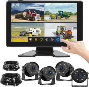 9'' RV Backup Camera Wired System, 4 1080P IP68 Waterproof Rear View Cameras with Full Touch IPS Quad Split Screen Monitor 64GB SD Card IR Night Vision Reverse Camera for Truck, Trailer, RV