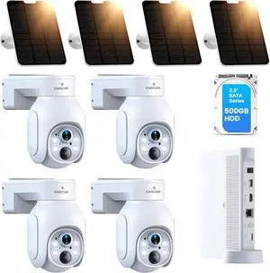 Solar Security Cameras Wireless Outdoor, 4MP Cameras for Home Security, No Subscription, Solar-Powered, 2.4G & 5G WiFi Security Camera System, Color Night Vision, 360° Pan & Tilt, 4K 10CH NVR 500GB