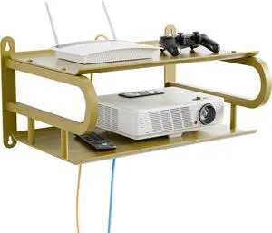 Gadpiparty 16" X10" Floating Projector Shelf for Wall, WiFi Router Shelf with Cable Hole for TV Components|DVD Players|Games Consoles, Projector Wall Mount Shelf for Living Room, Bedroom, Office, Gold