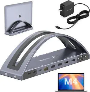 TobenONE MacBook Docking Station Dual Monitor 4K with 100W Power Adapter, 13-in-2 USB C Docking Station for MacBook Pro/Air, Laptop Dock Stand with 2 HDMI, VGA, 5 USB, PD 3.0, RJ45, SD/Micro SD, Audio