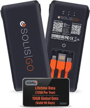 SIMO Solis Go 4G Mobile Hotspot WiFi Power Bank with Built-in Cables for Travel in 140+ Countries, No SIM Card or Contract, Multi-Carrier Network, 10 Devices, 1GB/Month Lifetime + 10GB Global Data