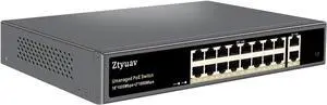 18-Port Full Gigabit Unmanaged PoE Switch with 16 PoE+ Ports @250W, 2 Uplink Ports-IEEE802.3af/at Compliant, 6KV Lighting Protection, VLAN Mode, Fanless & Metal Plug & Play