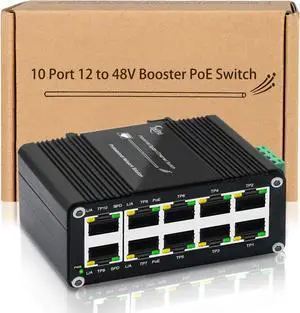 Industrial 10-Port Gigabit PoE Switch, 1248V DC Input with Built-in Voltage Booster, 8-Port 802.3at 30W + 2 Uplink, 120W Output, DIN-Rail Mountable