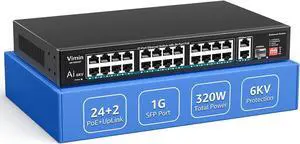 24 Port 10/100Mbps Fast Ethernet PoE Switch+2 Uplink Gigabit Ports+1 SFP, VIMIN 27 Port Unmanaged Switch Gigabit Up to 30W, Total Budget 300W,VLAN, Support IEEE802.3af/at