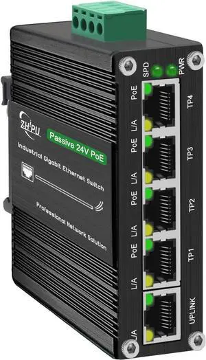 Industrial Passive 24V 5-Port PoE Switch, Mini Unmanaged Gigabit Network Switch, 12-24VDC Input to 24V PoE Output, Support DIN-Rail & Wall-Mount