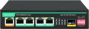 LINOVISION Solar PoE Switch with Built-in Solar Charge Controller, Battery Management and External DC Charging, Non-Stop UPS Power for Up to 5 PoE Cameras and PoE 24V Devices