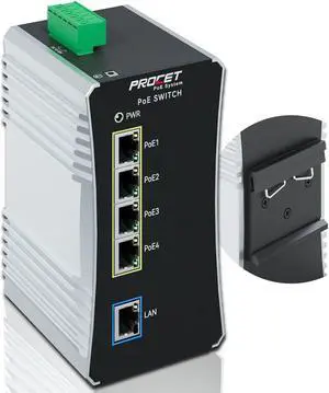 PROCET Gigabit PoE Switch 4-Port Din Rail, 90W/Port, Industrial POE++ Ethernet Switch with Wide Temp -40°F to 149°F, Boost, 12-57V DC Input, IEEE802.3af/802.3at/802.3bt, PT-PIS4PB1T-E