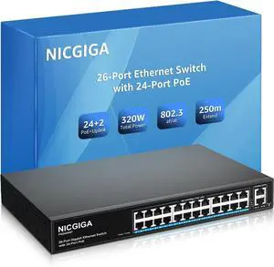 24 Port PoE Switch Unmanaged, 24 Port PoE+@320W, 2 Gigabit Uplink Ports, NICGIGA 26 Port Network Power Over Ethernet Switch, VLAN Mode, 250m Extend, 19 inch RackMount, Plug and Play.