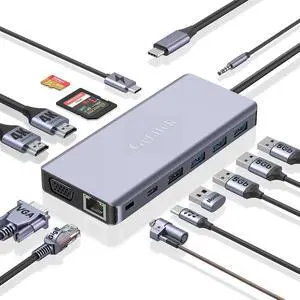 13 in 1 USB C Hub to HDMI Adapter, Multiport USB 3.0 Docking Station with 3 USBA 3.0 Up to 5Gbps, 1 Type C Data Port, 1 USB-C, 1 VGA, 1x100W PD & SD/TF, Hub Dongle with Kensington Safety Lock