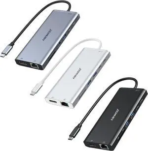 USB C Docking Station Dual Monitor for Dell/HP/Lenovo/Surface Laptop, 14 in 1 Triple Display Hub Multiple Adapter, Dongle with 2 HDMI 4K+VGA+5 Port+100W PD Charger+Ethernet+SD/TF(Grey+Black+Silver)