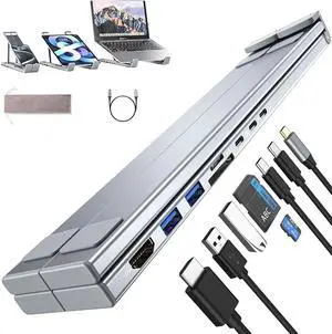 8-in-1 USB-C Laptop Stand, Civilizek Portable Laptop Stand, Aluminum Multiport Adapter Adjustable Laptop Docking Station Stand, Universal USB C Hub with 4K HDMI, Pd 100w, Plug and Play (Silver)
