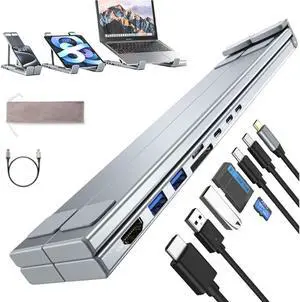 8-in-1 USB-C Laptop Stand, 8 in 1 Tablet Docking Station Stand with 4K HDMI, 2 USB-A 3.0, 2 USB-C PD 3.0 100W, SD/TF Card Slots, Universal Portable Adjustable for Home Offices, Corporate Desks (1PCS)
