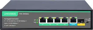 LINOVISION 4 Ports Full Gigabit POE Switch with 1 GE and 1 SFP Uplink, IEEE802.3af/at, Total 65W POE Budget, Built-in 820ft POE Extension
