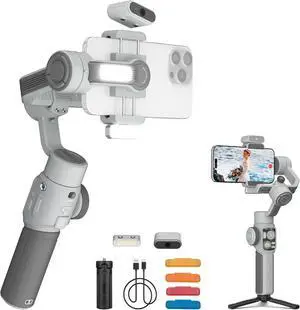 CINEPEER Smooth 5E Combo Gimbal Stabilizer for iPhone, Android, Built-in Fill Light, Tripod, 3-Axis 300g Payload Phone Gimbal, Gesture Control, Vlogging YouTube, TikTok