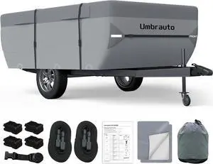 Pop Up Folding Camper Cover Upgraded 7 Layers Top Tent Trailer Cover Waterproof Extra Thick Polypropylene Breathable Ripstop Anti-UV Pop Up Folding Trailer Cover Fits 8' - 10' Trailers