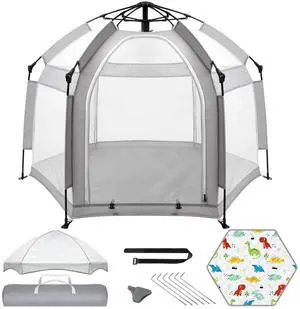 Pop Up Baby Playpen with UPF50+ Canopy & Mat, Indoor & Outdoor Foldable Play Pen for Babies and Toddlers, Portable Baby Beach Tent with Travel Bag, Pop Up Pack and Play Yard, Grey