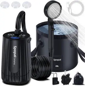 Portable Camping Shower - 10000mAh Rechargeable, 5-Speed with Collapsible Bucket with Handle 20L, IPX8 Waterproof, LED Display Camp Shower Pump- Perfect for Hiking, Travel, Cars & Pets