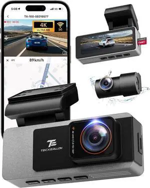TECXLERON Dash Cam Front and Rear, 4K Dual Cam, Camera for Cars with Starlight Night Vision, 160° & 150° Rear Wide Angle, GPS, WDR, G-Sensor, 24H Parking Mode, 64GB Card Included