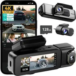 BOTSLAB 3 Channel Dash Cam 4K with 128GB Card, 3.18" Touch Screen, Voice Control, 4K Front and 1080P Rear Inside Loop Recording, 5.8GHz WiFi, GPS, Night Vision, WDR, Parking Mode