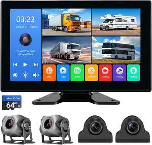 4 Channel 1080p Backup Camera Dash Cam for RV/Truck/Trailer/Van/SUV/Cars,10.2 Inch Touch Screen Quad Split Parking Monitor with DVR Recording/Playback/Bluetooth/FM Radio/Music/Video Player