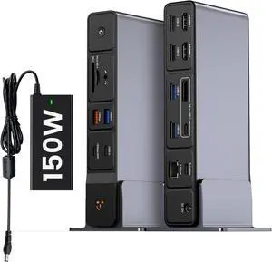TobenONE USB C Docking Station 3 Monitors, 18-in-1 Triple 4K Display, 150W Power Adapter with 20W Fast Charging, 8 USB Ports up to 10Gbps, 2 HDMI/DP/USB C, for Windows/Chrome OS