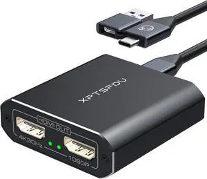 XPTSFDU USB 3.0 or USB C to Dual HDMI Splitter HDMI Splitter Extended Display for Dual Monitor Multi Monitor Display 3 Separate Screens 4K30Hz Output 1, 1080p Output 2 for Windows, Mac OS