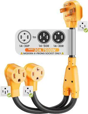4 Prong Modern Dryer to EV Charger Y Splitter, NEMA 14-30P 14-50R & 14-30R Dual Outlets Adapter Cord 2ft for Car Charging, Newer Dryers RVs - ONE Device at A TIME (Max 30A Shared)