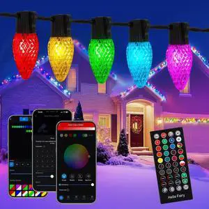 Smart C9 Christmas Lights Outdoor, 82FT 100 LED RGB with Remote,App Bluetooth Music Sync, DIY Scenes & Timers, Connectable to 198FT, IP44 Waterproof Roofline Eaves Porch Fence rations