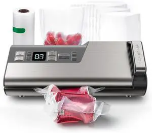 Vacuum Sealer Machine, 95kPa 140W One Hand Operation Food Sealer, Double Seal Strip with Build-in Cutter & Countdown Display, 2 Bag Rolls, 5PCS Pre-cut Bags