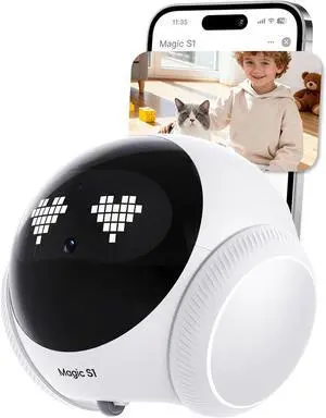 Magic S1 Indoor Security Robot Camera 1080P Movable Pet Camera with App Control, 2-Way Audio, Motion Detection, Night Vision, Auto-Recharge, Smart Home Cam for Pet/Elderly/Baby (White)