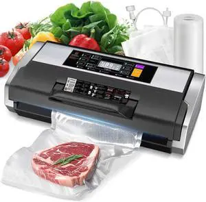 95KPa Vacuum Sealer, Commercial Fully Automatic Food Sealer - 10-in-1 System with Auto Pop-Up Cover, Double Heat Seal, Easy-Lock Handle & Built-in Cutter,Includes 1 Roll + 15 Bags, Black Silver