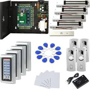 Water Proof Metal Keypad Reader 4 Doors Access Control Kit Outdoor Install Magnetic Lock 110V Power Box RFID Cards/Key Fob(Phone APP remotely Open Door) Water Proof Metal Keypad Reader 4 Doors Access Control Kit Outdoor Install Magnetic Lock 110V Power Box RFID Cards/Key Fob(Phone APP remotely Open Door)